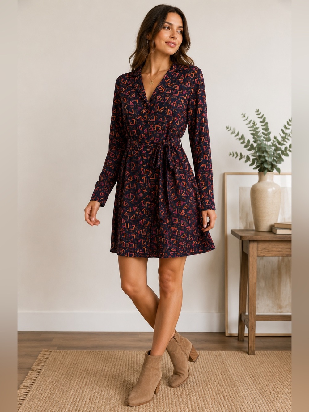 Vintage Luly K Geometric Print Tie Waist Dress Long Sleeve Button Front Size L‎